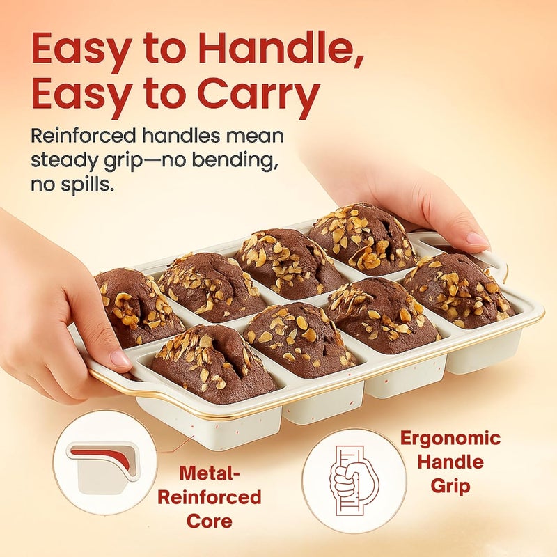 BAKE BOSS 2-Pack Silicone Mini Loaf Pans for Baking Bread – 8-Cavity Nonstick Baking Molds with Metal-Reinforced Handles – BPA-Free, Odor-Resistant Silicone mini bread loaf pans for Cakes & Meatloaf – Cream - Image 2